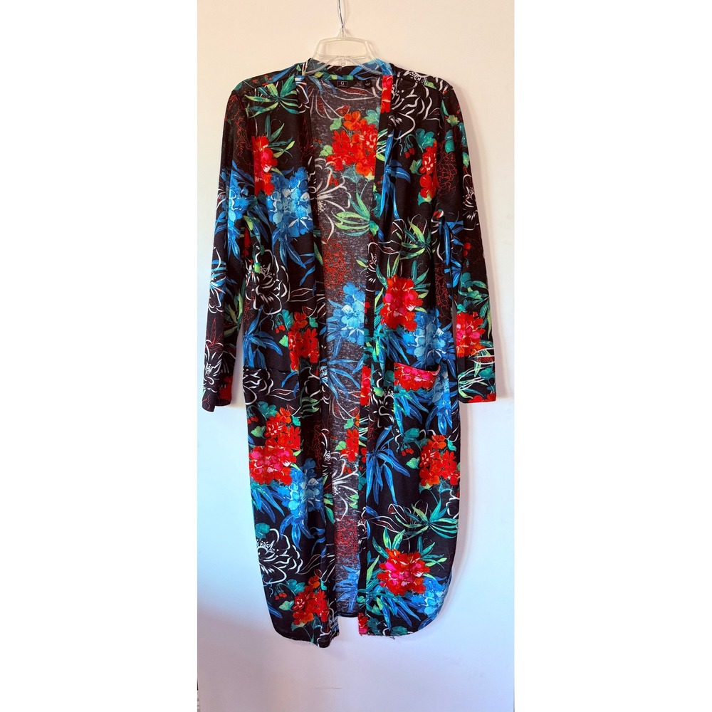 G by Giuliana Black Floral Duster Size L Cardigan Sweater Open Front Boho‎ Chic